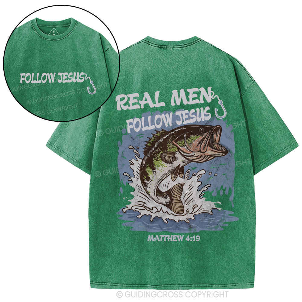 Real Men Follow Jesus Christian Washed T-Shirt