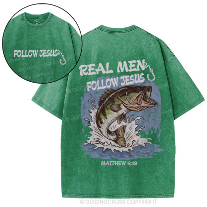 Real Men Follow Jesus Christian Washed T-Shirt
