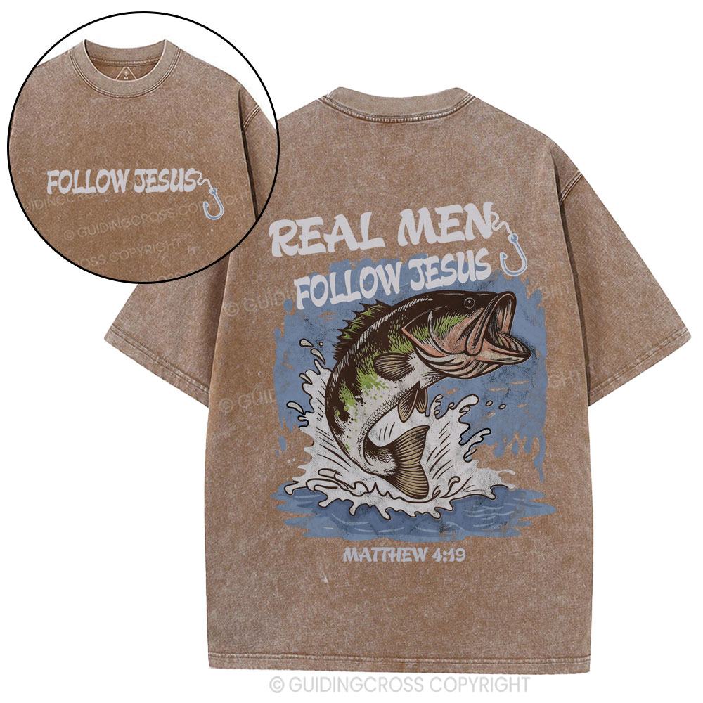 Real Men Follow Jesus Christian Washed T-Shirt