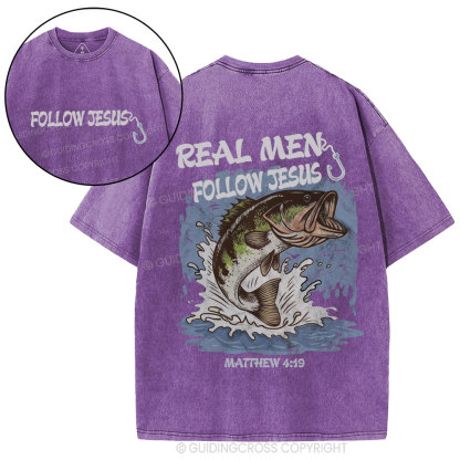 Real Men Follow Jesus Christian Washed T-Shirt