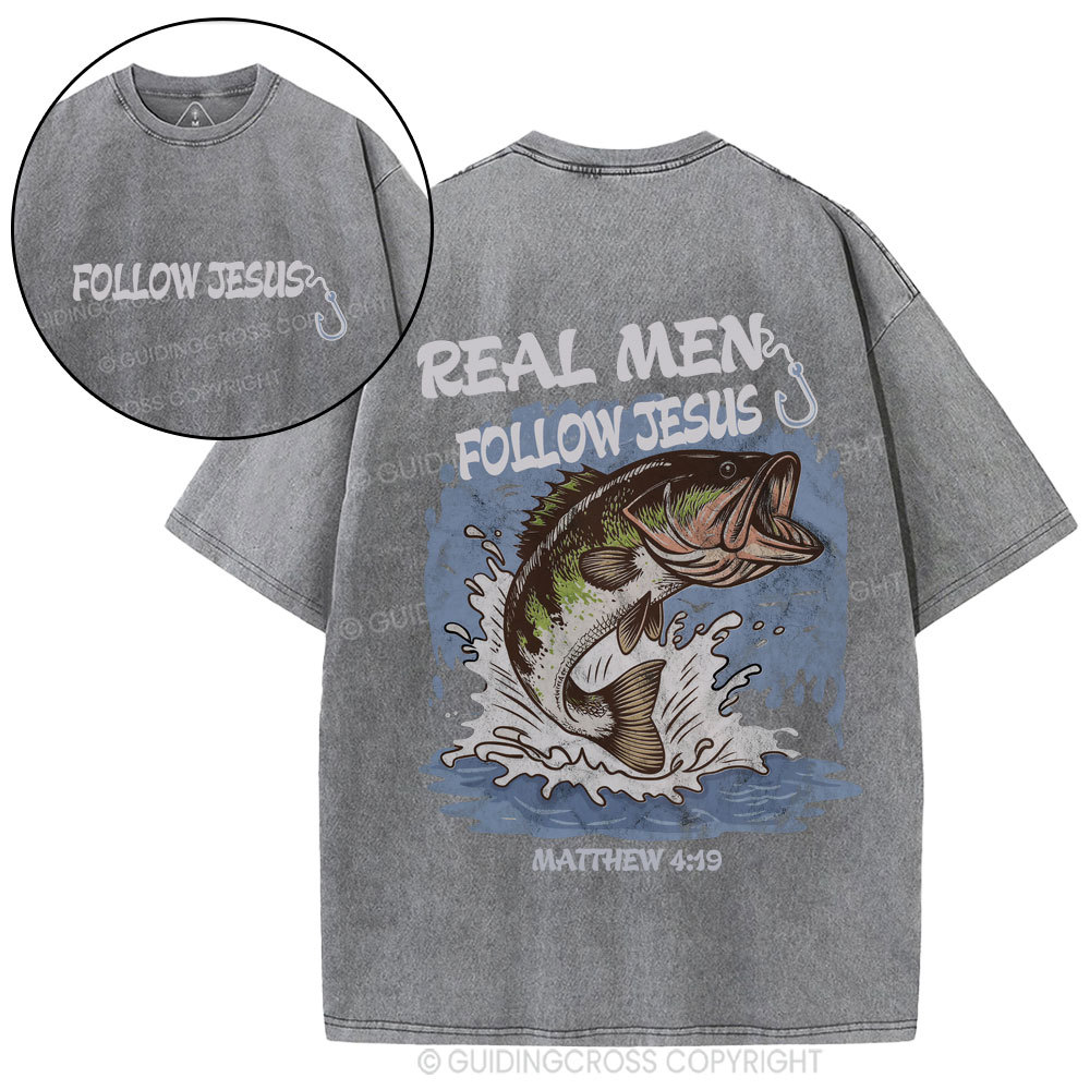 Real Men Follow Jesus Christian Washed T-Shirt