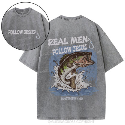 Real Men Follow Jesus Christian Washed T-Shirt