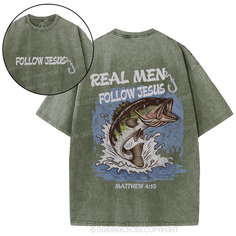 Real Men Follow Jesus Christian Washed T-Shirt
