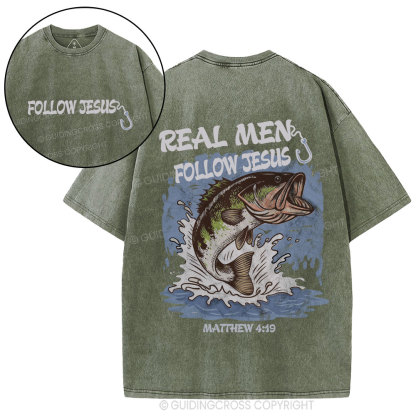 Real Men Follow Jesus Christian Washed T-Shirt