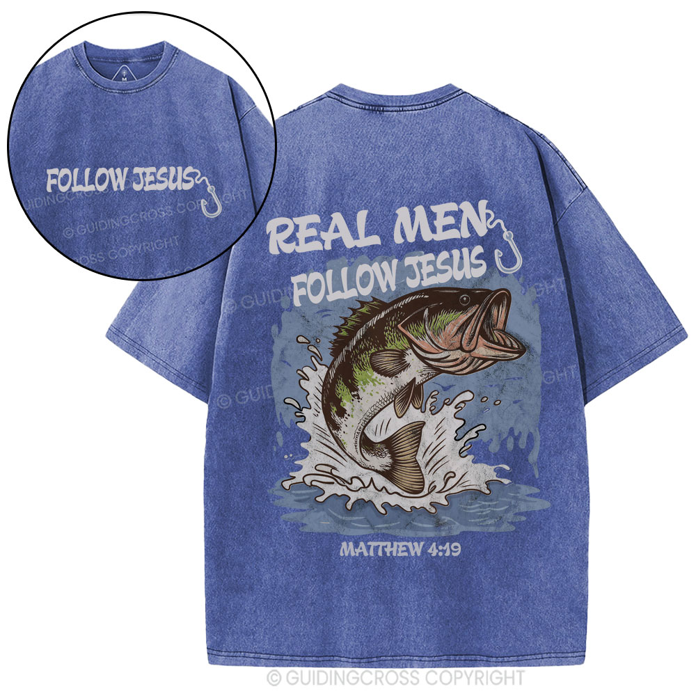 Real Men Follow Jesus Christian Washed T-Shirt