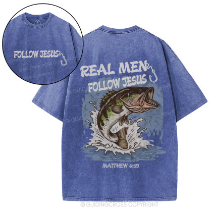 Real Men Follow Jesus Christian Washed T-Shirt