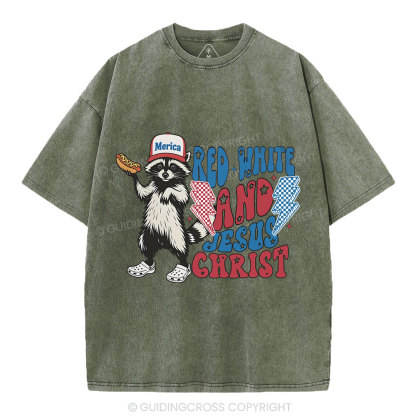 Red White And Jesus Christ Independence Day Christian Washed T-Shirt