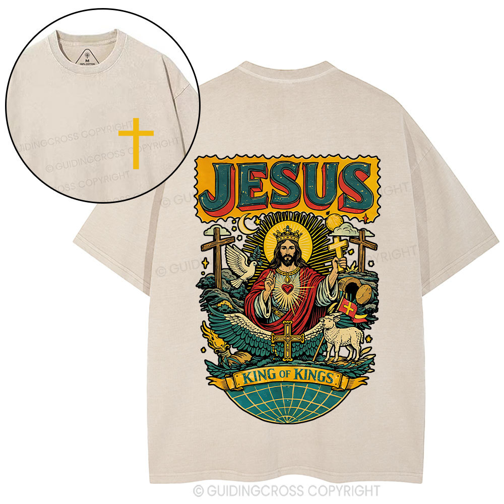 Retro Jesus King Of Kings Christian Washed T-Shirt