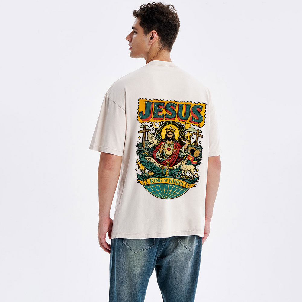 Retro Jesus King Of Kings Christian Washed T-Shirt