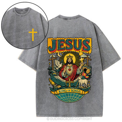Retro Jesus King Of Kings Christian Washed T-Shirt