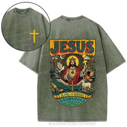 Retro Jesus King Of Kings Christian Washed T-Shirt