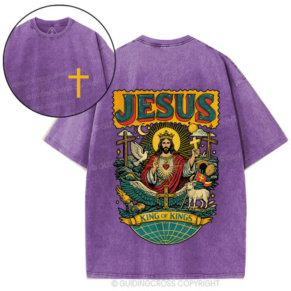 Retro Jesus King Of Kings Christian Washed T-Shirt