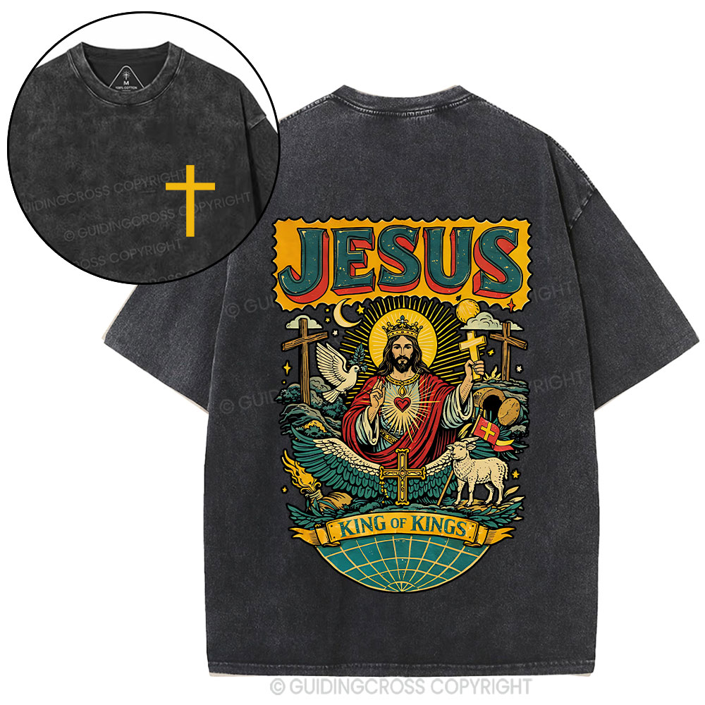 Retro Jesus King Of Kings Christian Washed T-Shirt