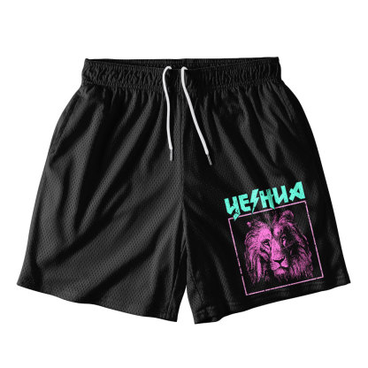 Retro Lion Yeshua Black Christian Mesh Shorts