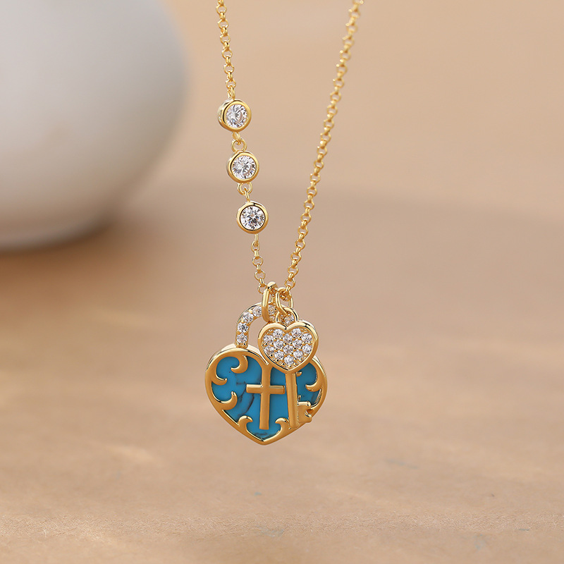 Retro Turquoise Green Heart Cross Collection Necklace