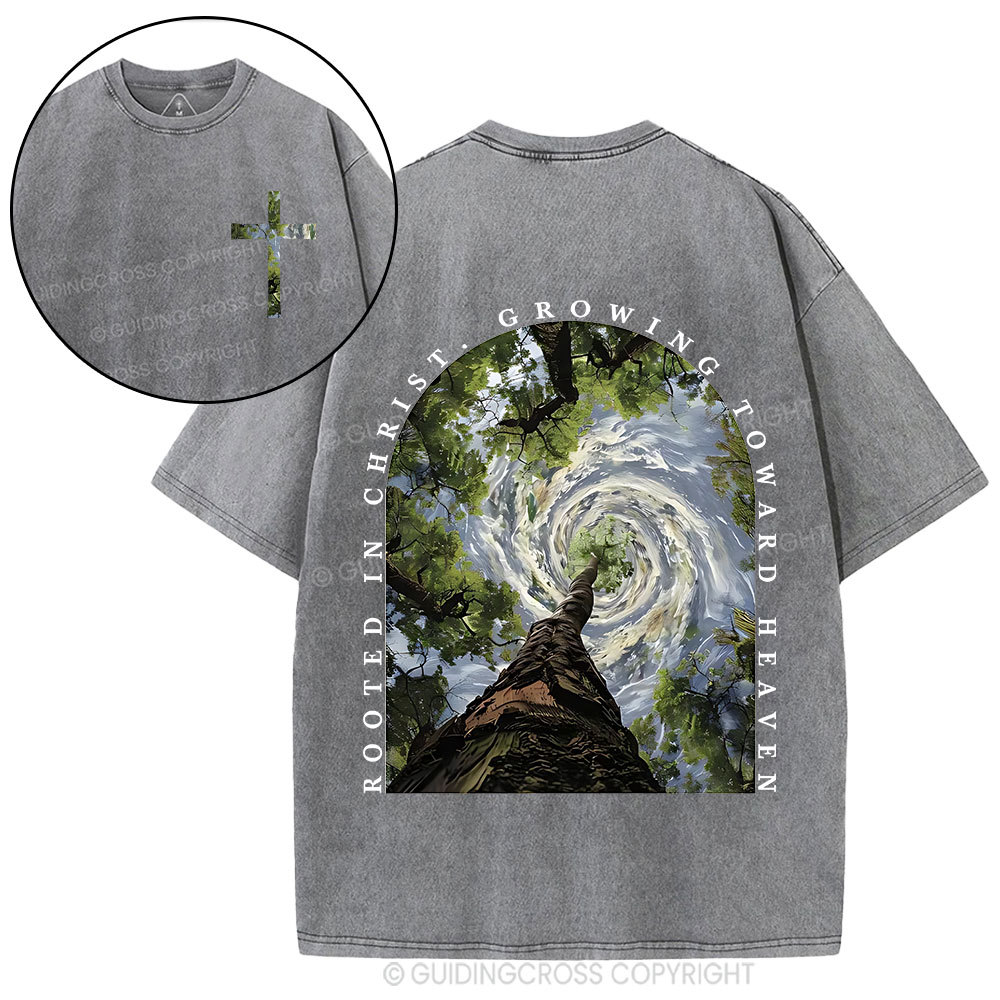 Rooted In Christ Growing Toward Heaven Christian Washed T-Shirt