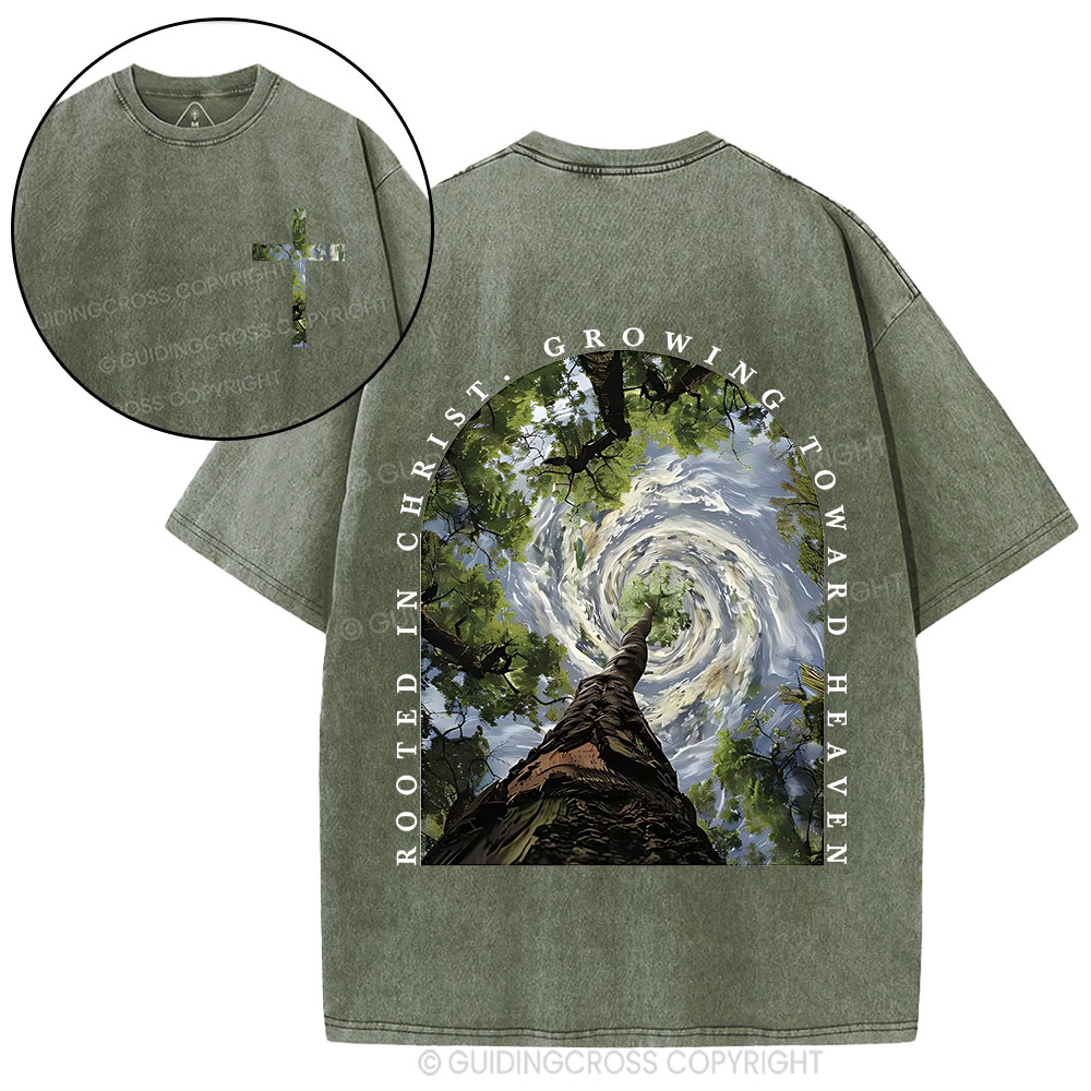 Rooted In Christ Growing Toward Heaven Christian Washed T-Shirt