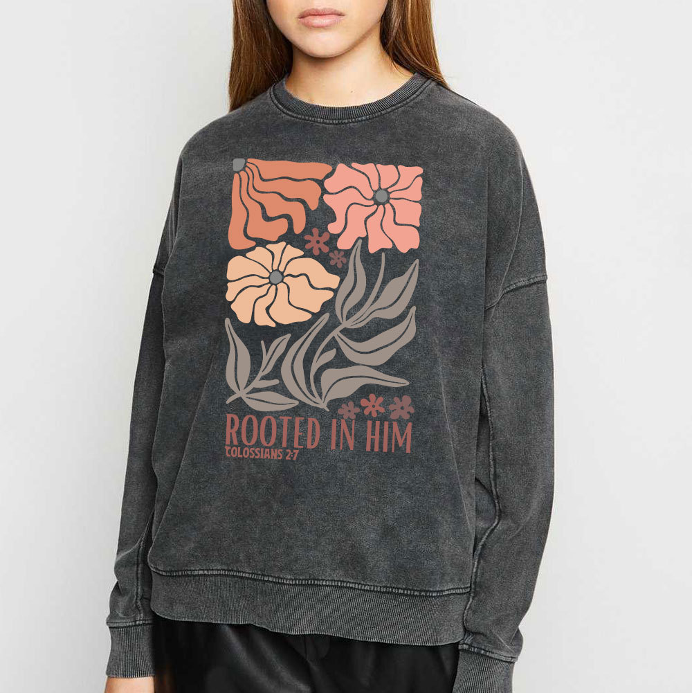 Rooted In Him Christian Washed Sweatshirt
