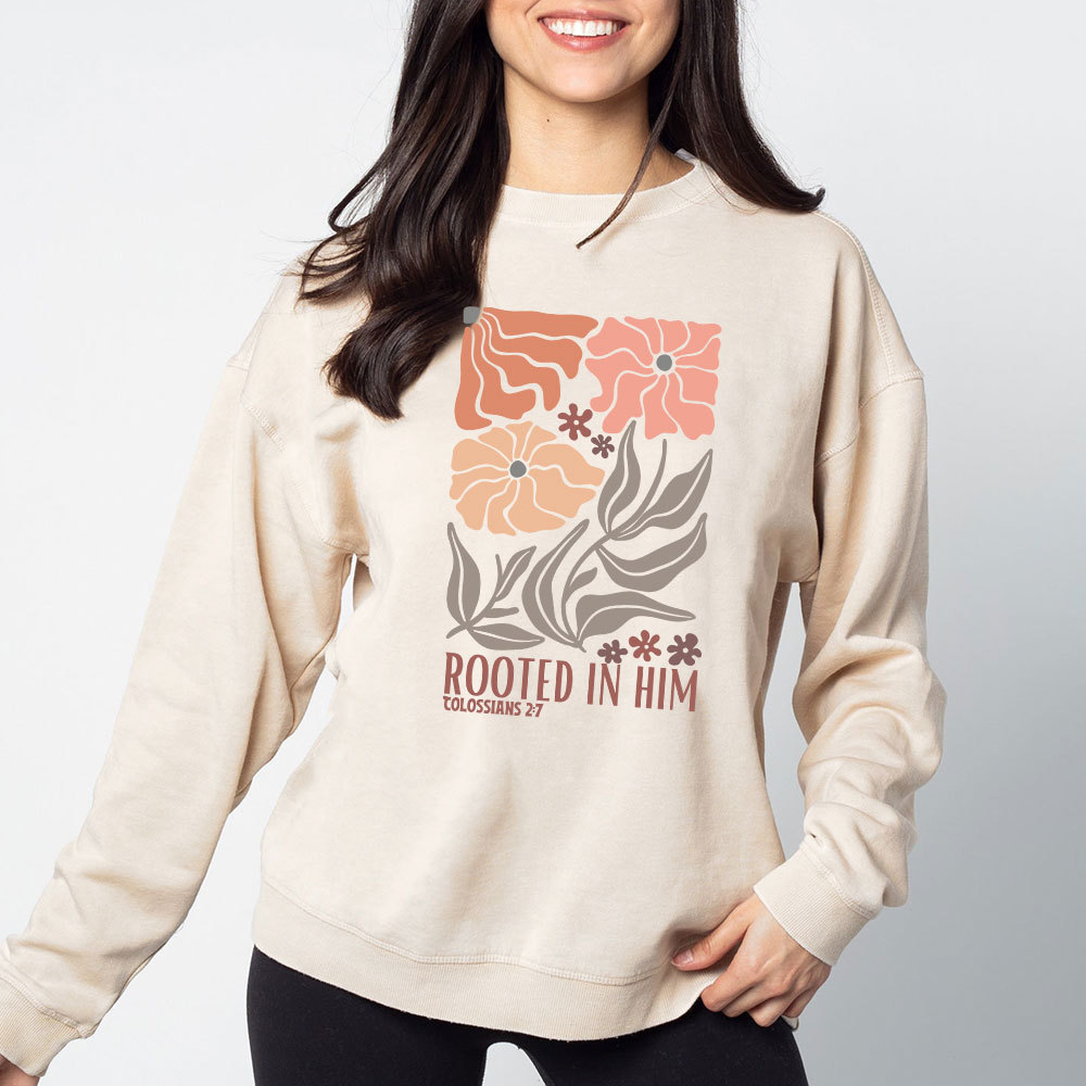 Rooted In Him Christian Washed Sweatshirt