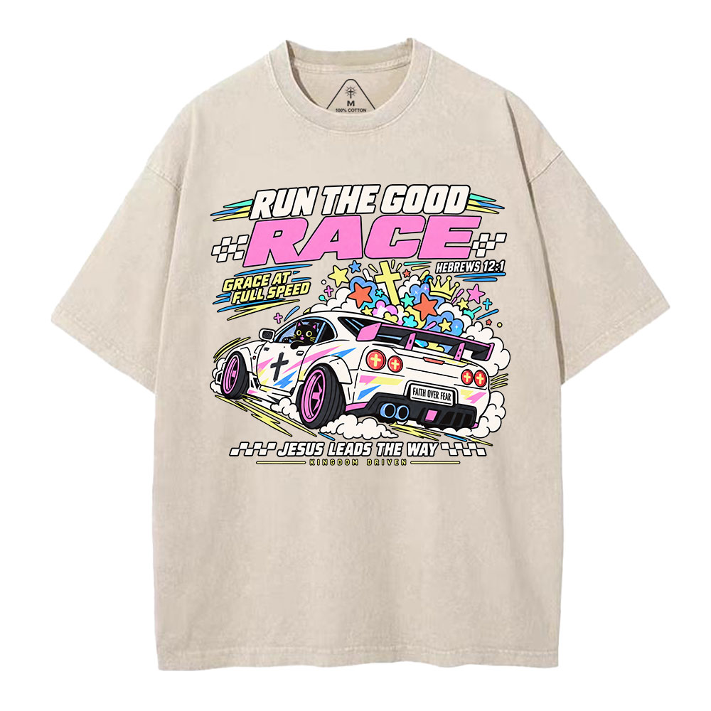 Run The Good Race Christian Washed T-Shirt