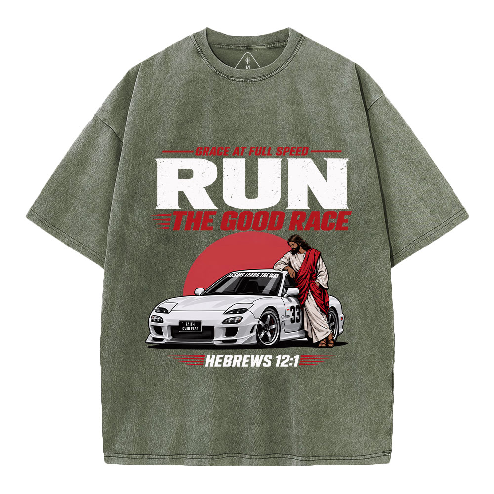 Run The Good Race Jesus Christian Washed T-Shirt