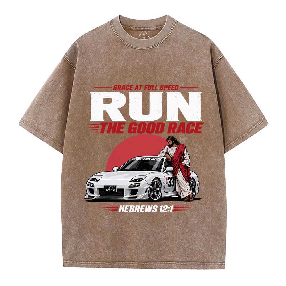Run The Good Race Jesus Christian Washed T-Shirt