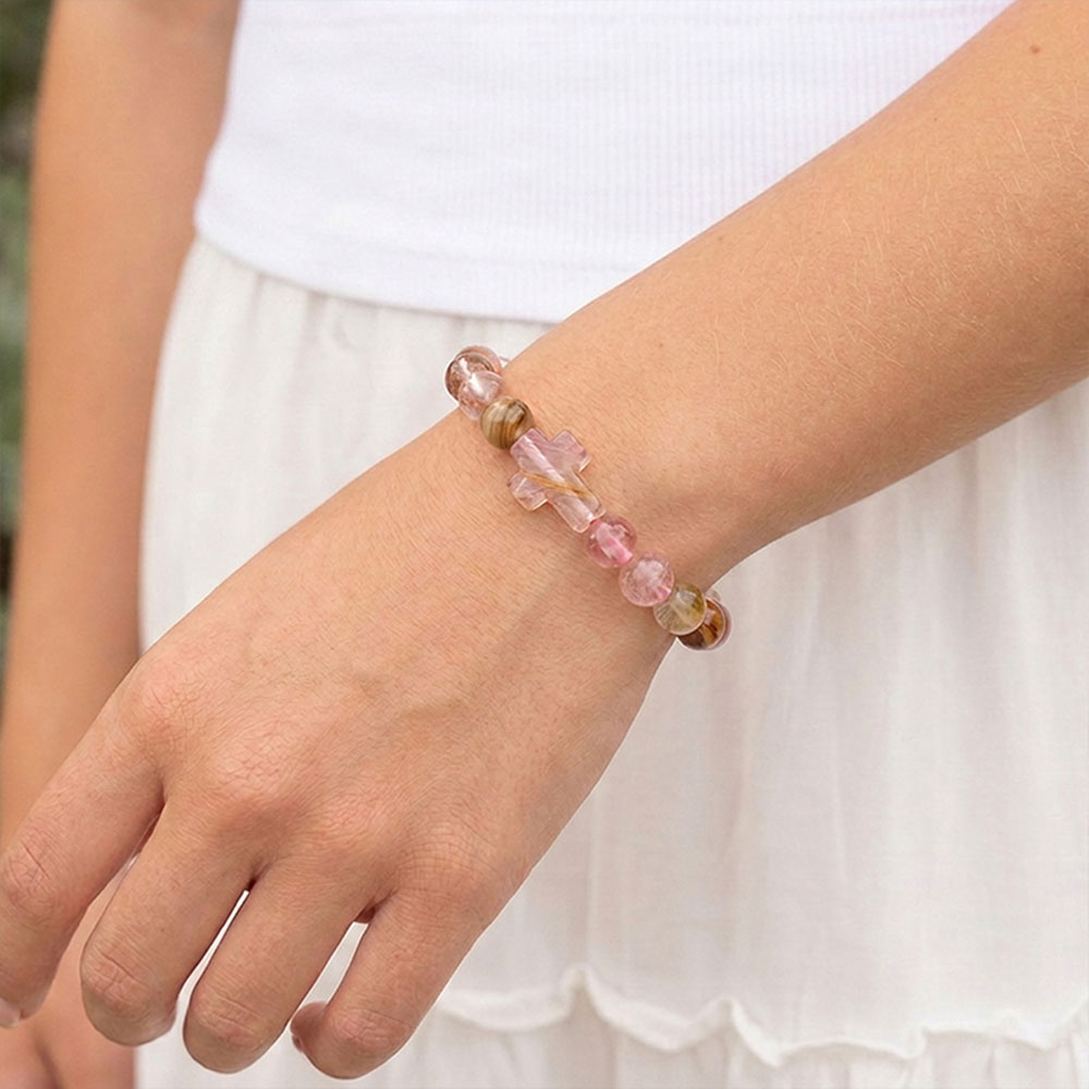 Christian Cross Tiger Eye Stone Beaded Bracelet 