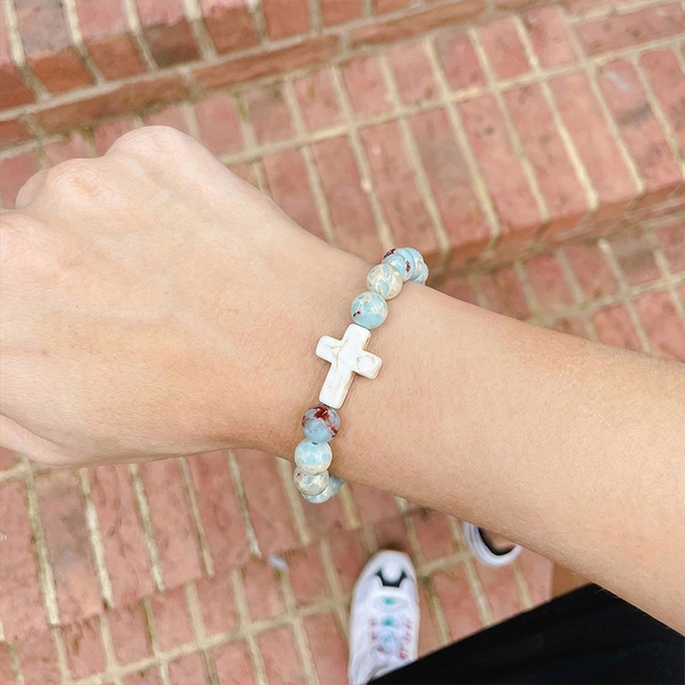 Christian Cross Tiger Eye Stone Beaded Bracelet 