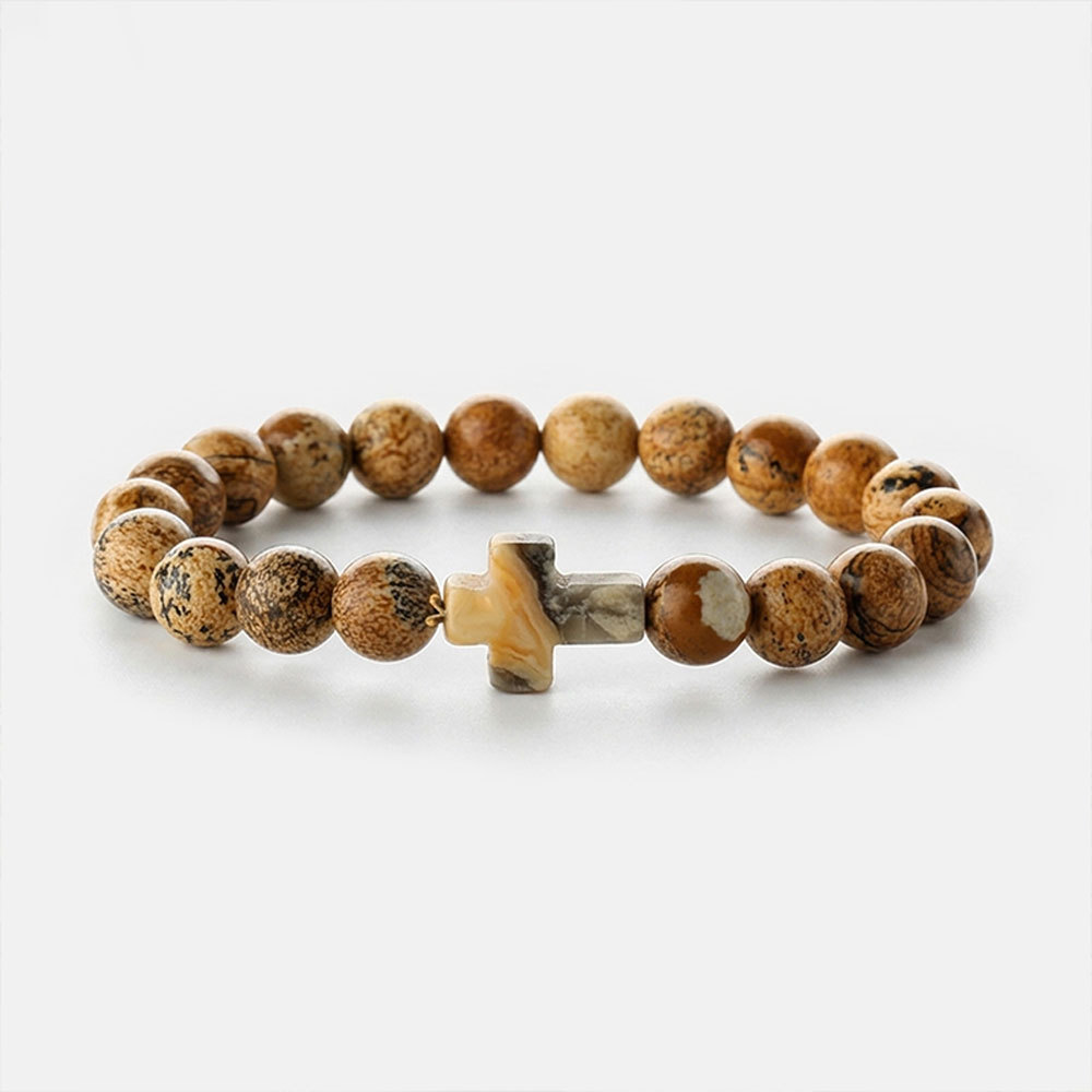 Christian Cross Tiger Eye Stone Beaded Bracelet