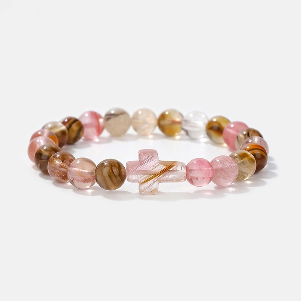 Christian Cross Tiger Eye Stone Beaded Bracelet 