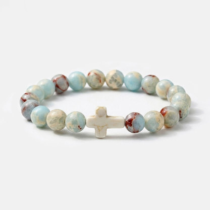 Christian Cross Tiger Eye Stone Beaded Bracelet 