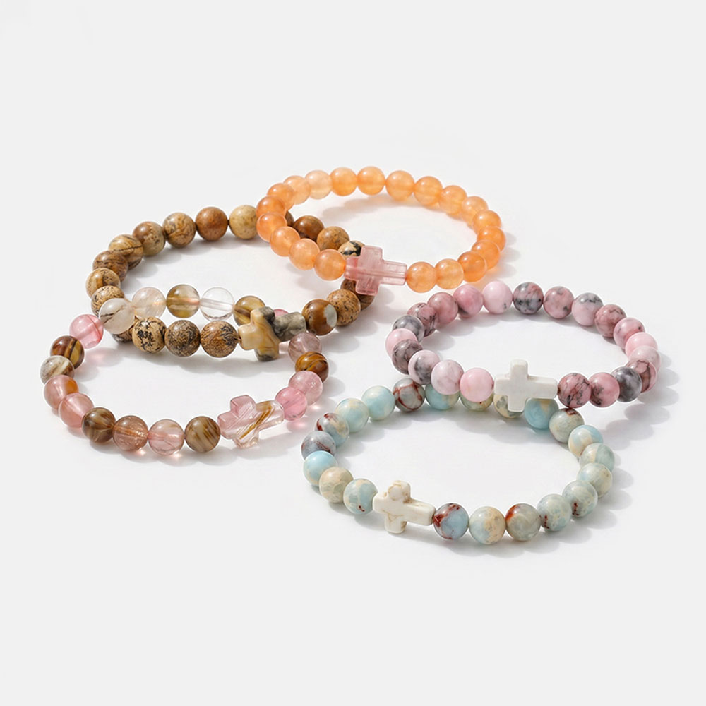 Christian Cross Tiger Eye Stone Beaded Bracelet 