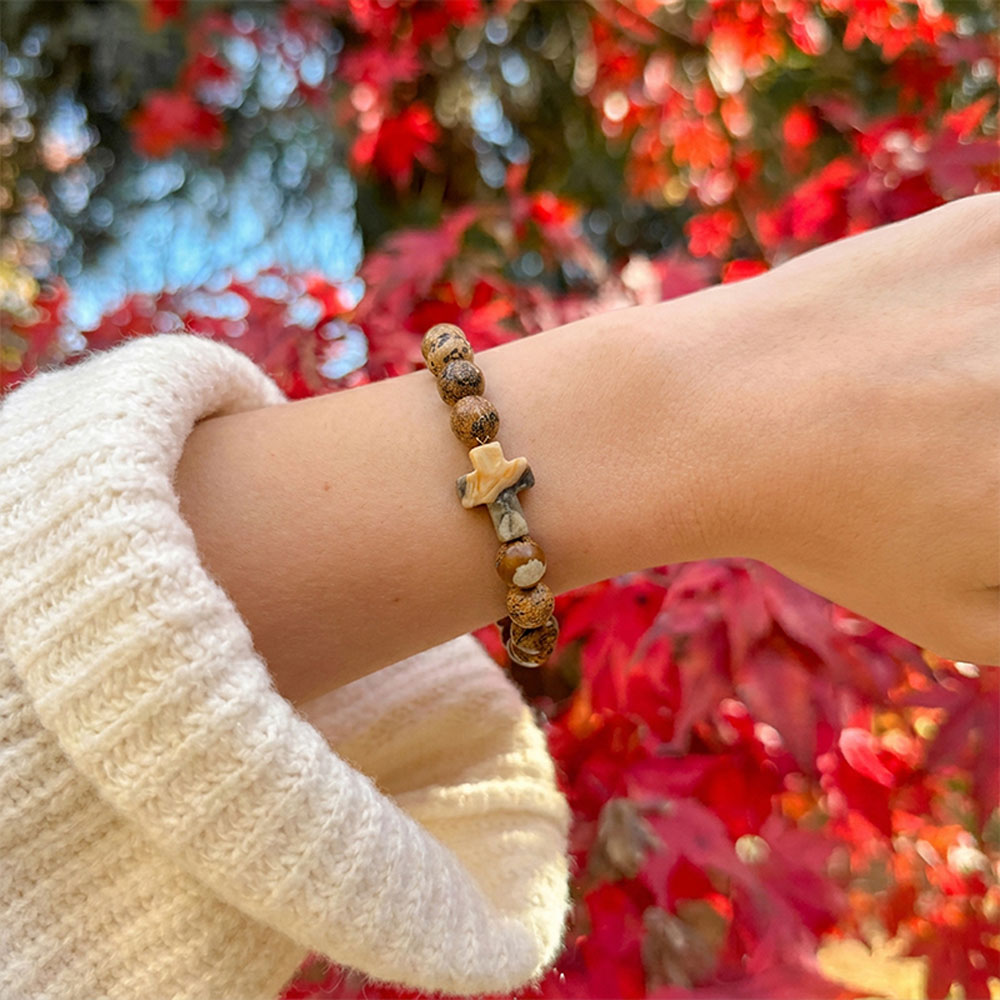 Christian Cross Tiger Eye Stone Beaded Bracelet 