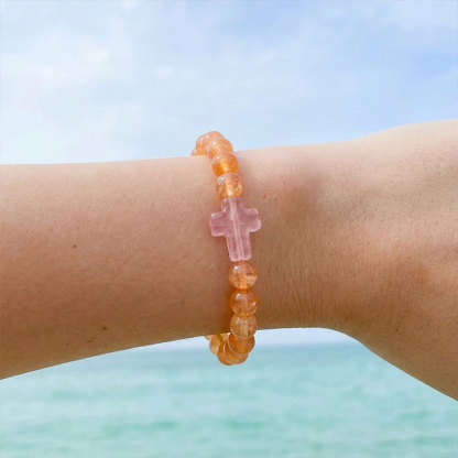 Christian Cross Tiger Eye Stone Beaded Bracelet 