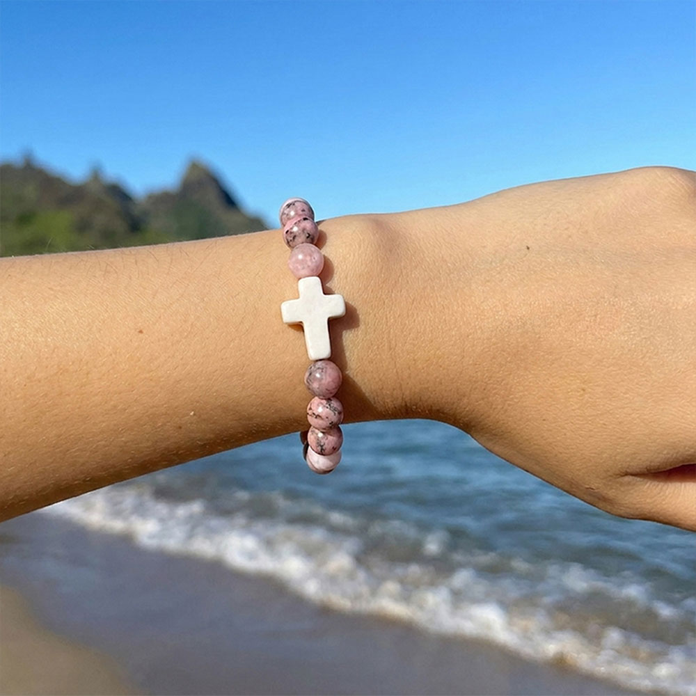 Christian Cross Tiger Eye Stone Beaded Bracelet 