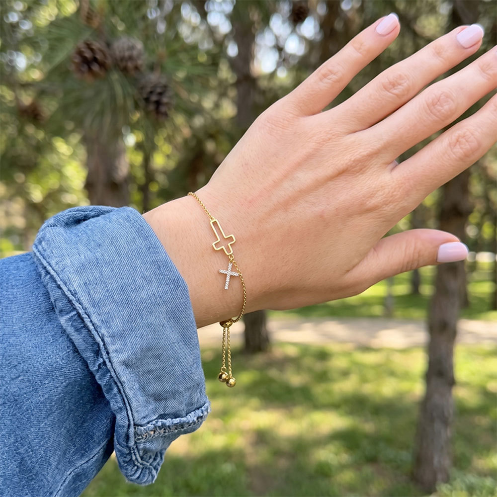 Double Cross Charm Adjustable Christian Chain Bracelet