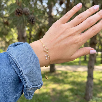 Double Cross Charm Adjustable Christian Chain Bracelet