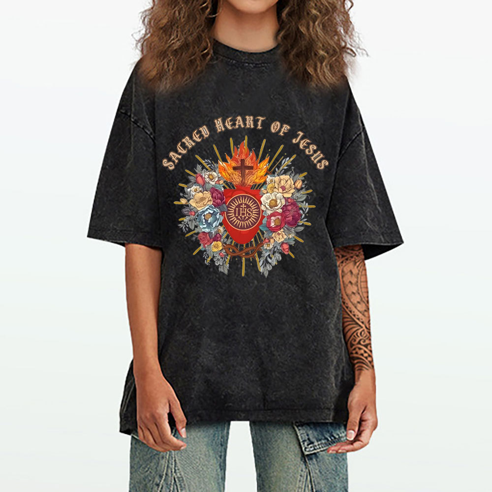 Sacred Heart Of Jesus Chirstian Washed T-Shirt