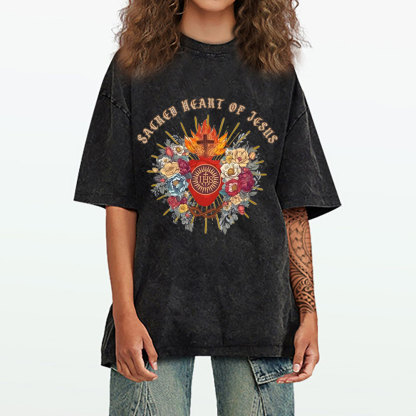 Sacred Heart Of Jesus Chirstian Washed T-Shirt