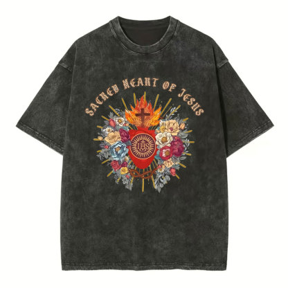 Sacred Heart Of Jesus Chirstian Washed T-Shirt