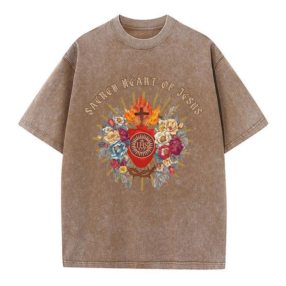 Sacred Heart Of Jesus Chirstian Washed T-Shirt