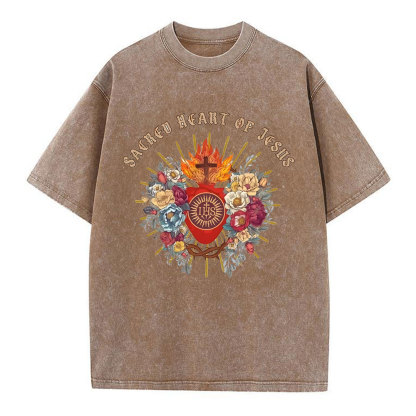 Sacred Heart Of Jesus Chirstian Washed T-Shirt