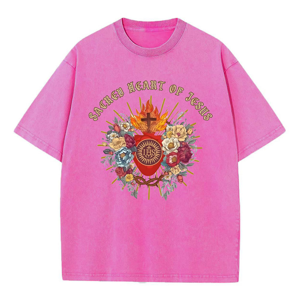 Sacred Heart Of Jesus Chirstian Washed T-Shirt