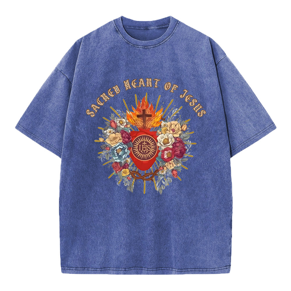 Sacred Heart Of Jesus Chirstian Washed T-Shirt