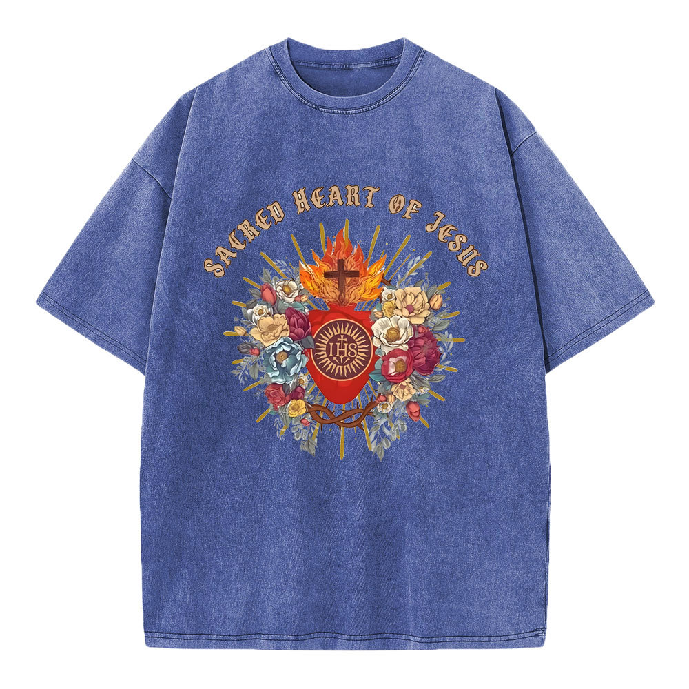 Sacred Heart Of Jesus Chirstian Washed T-Shirt