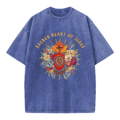 Sacred Heart Of Jesus Chirstian Washed T-Shirt
