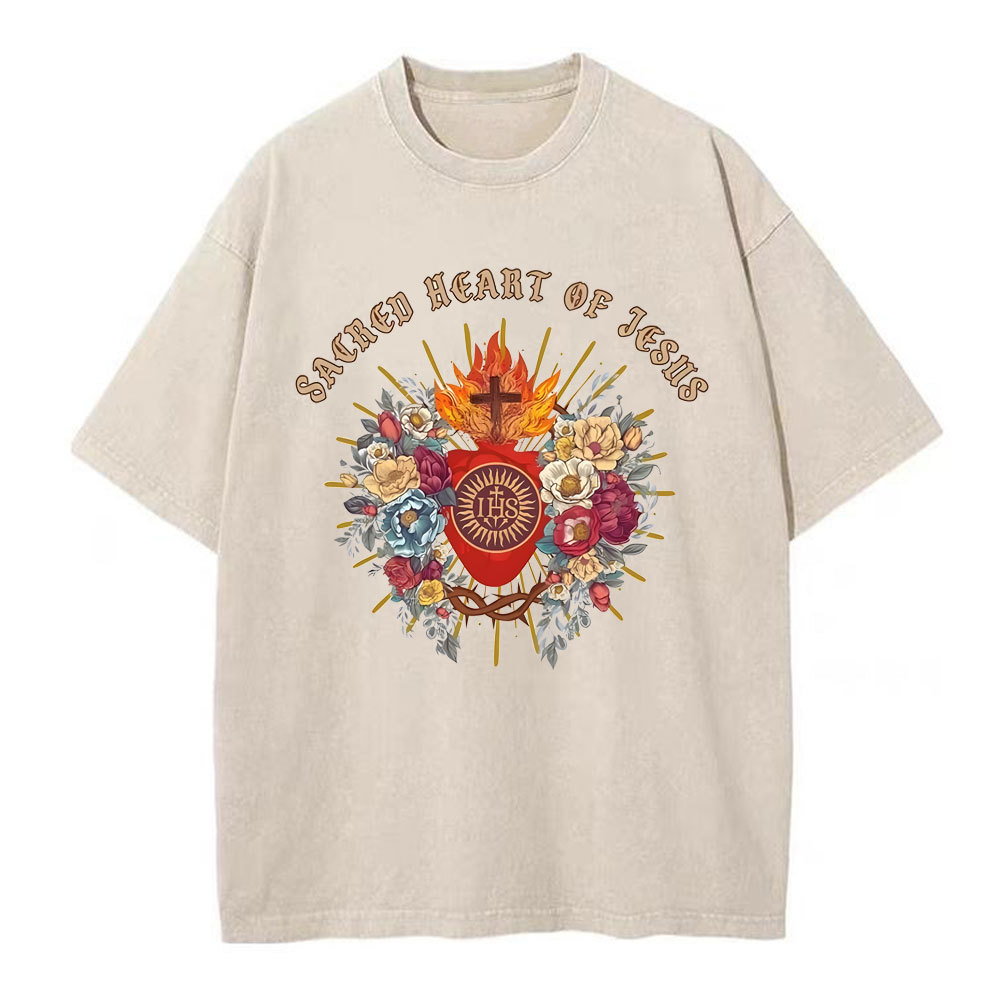 Sacred Heart Of Jesus Chirstian Washed T-Shirt