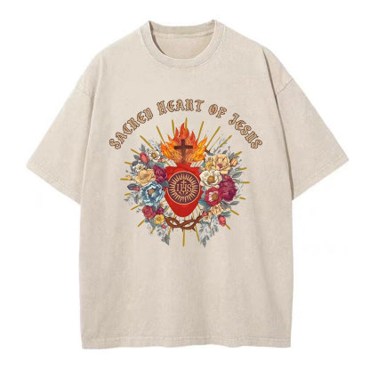 Sacred Heart Of Jesus Chirstian Washed T-Shirt
