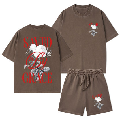 Saved By Grace Christian Washed T-Shirt & Shorts
