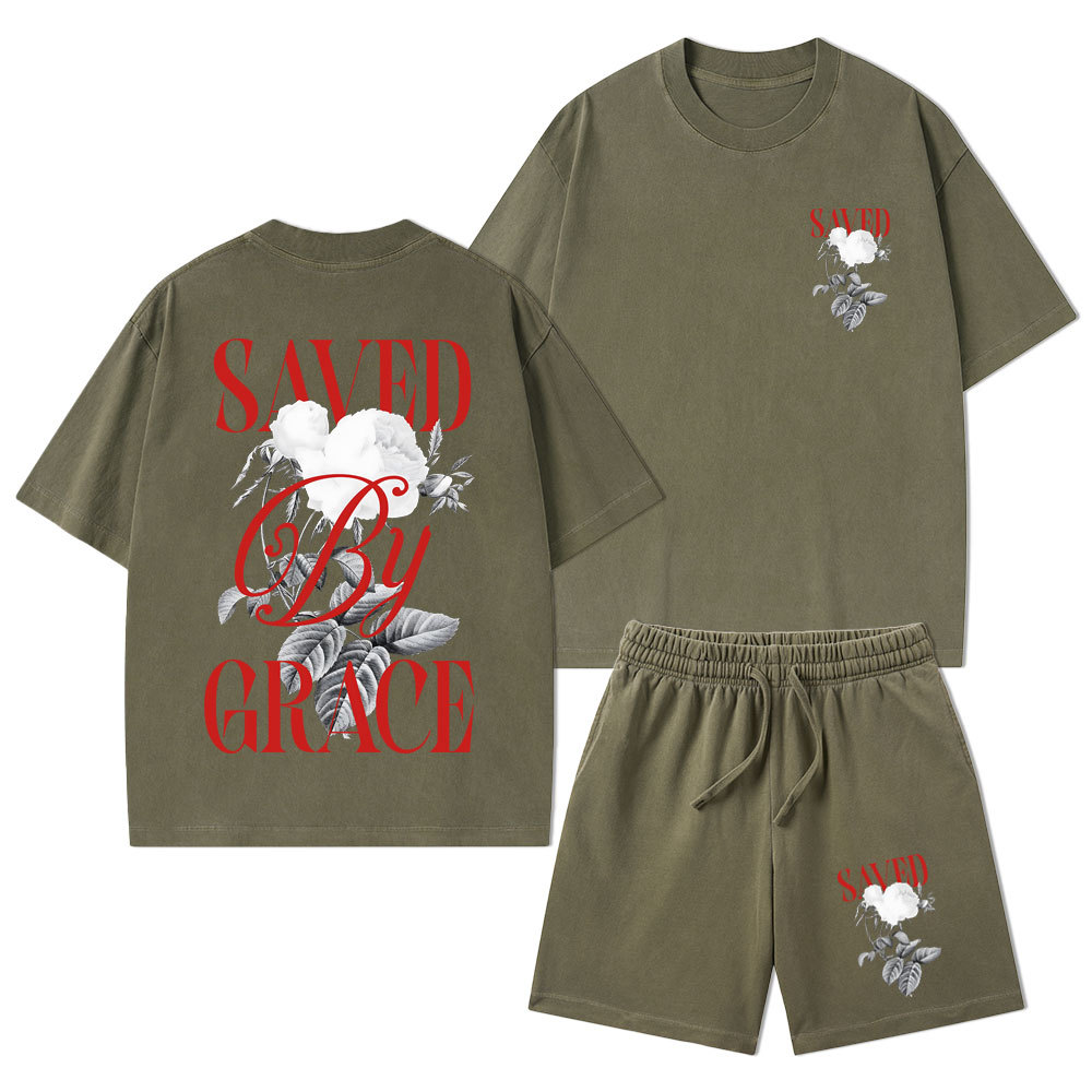 Saved By Grace Christian Washed T-Shirt & Shorts